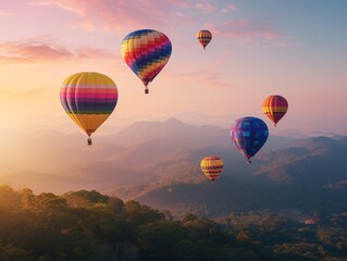 Generative AI. Colorful hot air balloons flying over mountain.