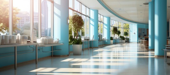 A sleek, modern lobby with natural light streaming in through floor-to-ceiling windows, featuring a long hallway with polished blue walls and gleaming flooring