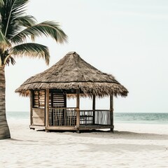 Palms with small pavilion on the beachfront in Fiji island.