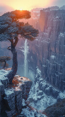 snowy landscape with giant ancient trees. AI generative