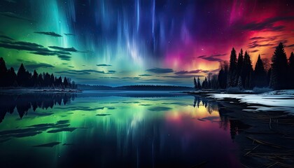 Obraz na płótnie Canvas View of night sky with multicolored aurora borealis and snowy mountains peak background. Night glows in vibrant aurora reflection on the lake with forest. 