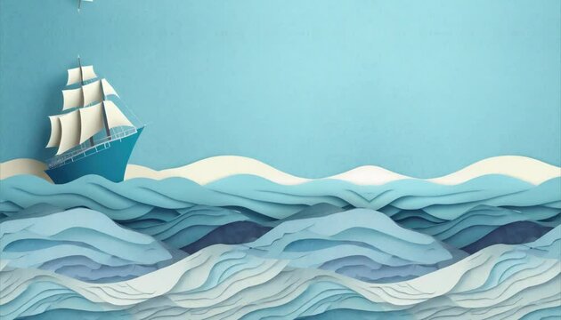 blue paper Boat is sailing on the sea with copy space The concept of paper cut out traveling
