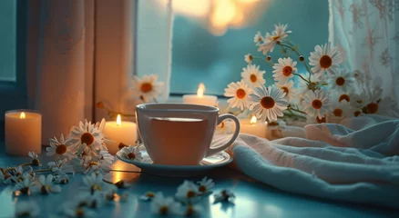 Fotobehang a cup of tea with flowers and candles © ArtCookStudio