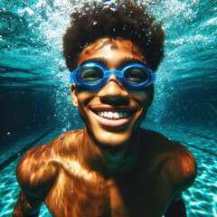 Fototapeta premium underwater portrait of a smiling young black male wearing swimming goggles bright image. ai generative