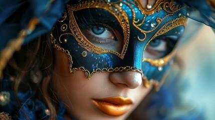 A beautiful young woman wearing a mysterious blue Venetian mask showing only part of her face. Woman wearing a mask and makeup in navy blue tones for a costume party.