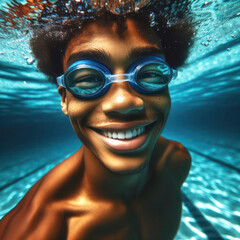 underwater portrait of a smiling young black male wearing swimming goggles bright image. ai generative