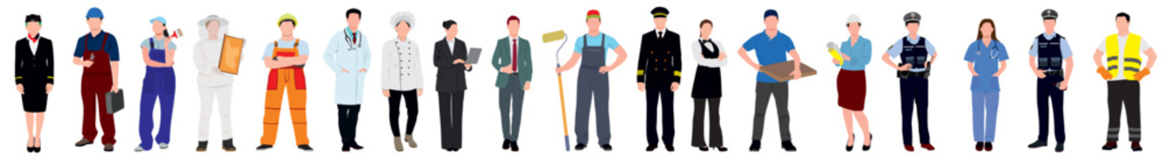 People of different professions, professional workers in uniform. Characters with various occupation doctor, artist, teacher vector set. Male and female employees with working tools