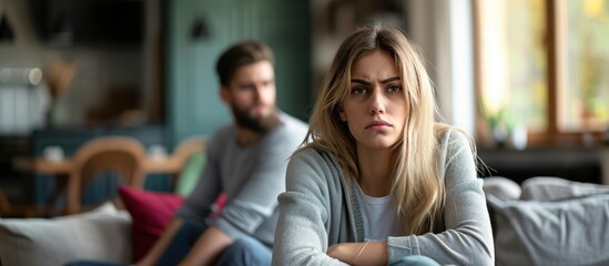 Upset couple post-fight, angry and seated on home couch. Woman stressed and frustrated by boyfriend following argument. - obrazy, fototapety, plakaty