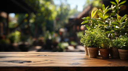 The empty wooden table top with a garden blurred background