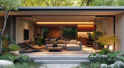 Obraz premium a modern living room sitting between two large glass doors