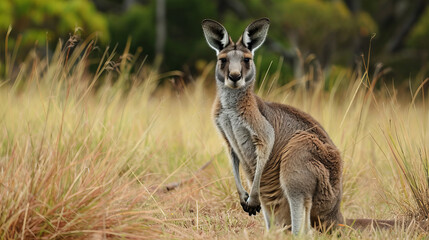 kangaroo in the grass looking at camera