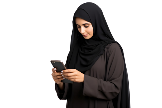 arabian woman using mobile phone isolated on transparent background