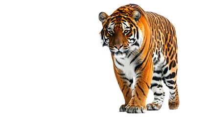 Tiger Walking on White Background, Majestic and Powerful Wildlife Photography