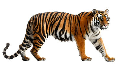 Majestic Tiger Gracefully Crossing a Plain White Space in Stride