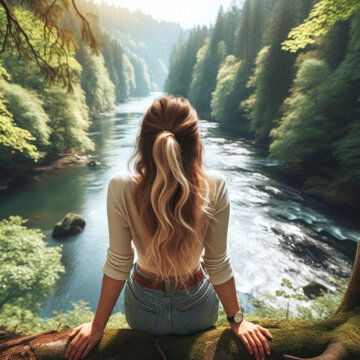 Woman on her back, enjoying the view of a serene river winding through a forest. ai generative