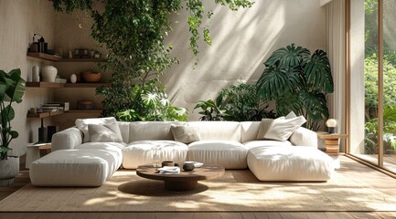 a living interior with white sofa and coffee table