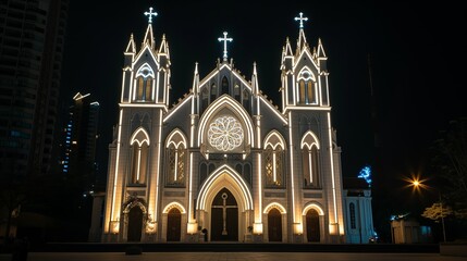 Fototapeta premium The facade of the Catholic church, a temple at night, illuminated by lanterns