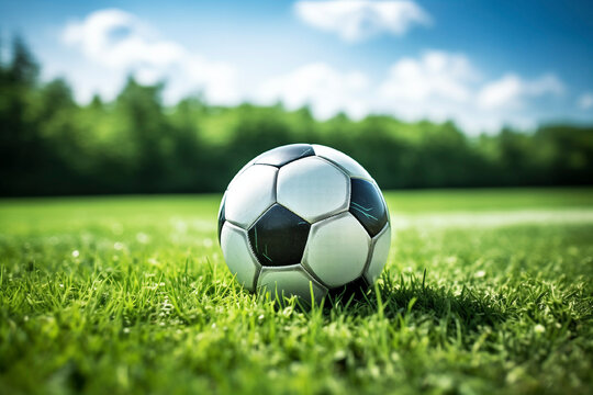 Soccer ball on the green grass field, sport concept, active life background