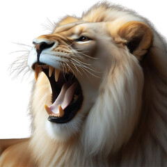 Lion is roaring on the left side, isolated, transparent background.