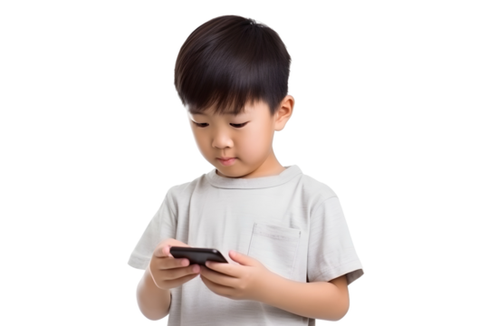 asian child boy browsing on mobile phone isolated on transparent background
