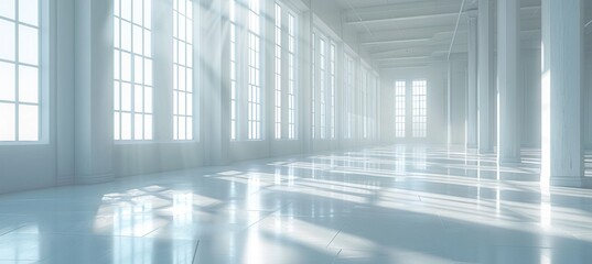 an empty white room with windows and a light reflection