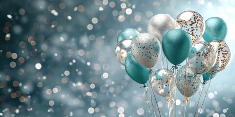 confetti balloons with silver and blue decorations on a silver background