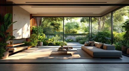 a modern living room sitting between two large glass doors