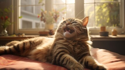 A tabby cat on a rug stretches and yawns while laying on his back in front of a picture window letting sun in the room.