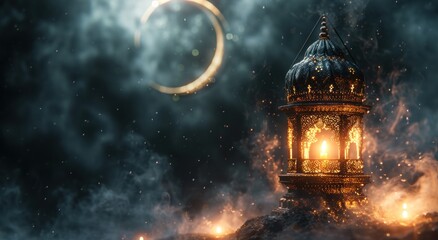 a large black lantern with a crescent and candle