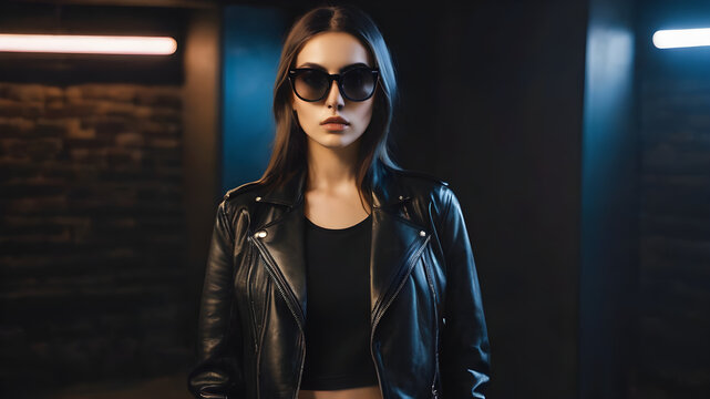 Fashionable beautiful woman hipster model with cool black sunglasses in stylish black rock clothes with leather jacket and top posing in on a dark background with circle light in studio. Pretty girl