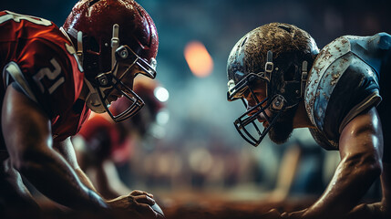 Pro Football Championship Showdown: Teams Primed with Elite Athletes, Intense Confrontations Await. Expect a Fierce Display of Strength and Endurance in a Stadium Bathed in Striking Lighting - obrazy, fototapety, plakaty
