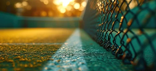 Fotobehang close up of green tennis court with white lines and netting at sunrise © ArtCookStudio