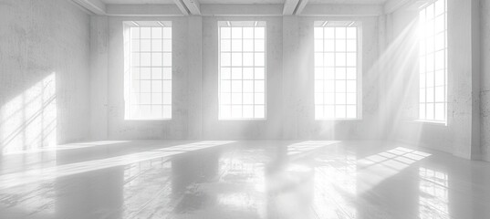 an empty white room with three windows that are brightly lit
