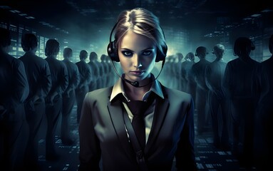 Woman wearing headphones with call center gang, online scammers