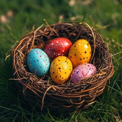 colorful eggs in woven baskets on grass