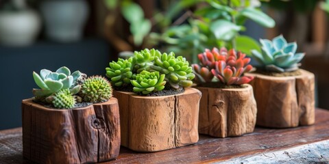 decorative natural plants and succulents natural wood