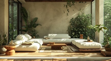 Obraz na płótnie Canvas a living interior with white sofa and coffee table