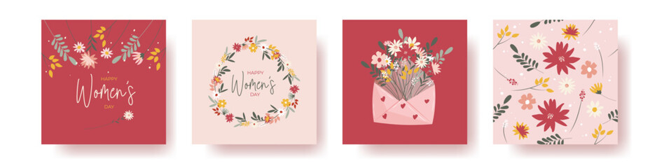 Set of 4 squate greeting cards for international women's day with calligraphic hand written phrase. Women with flowers. Eight march. Hand drawn flat vector illustration	