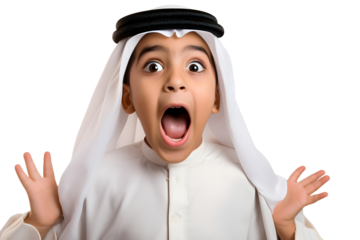 portrait with shocked face of an arabian child boy isolated on transparent background