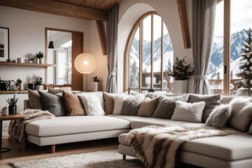 Fototapeta premium Nordic scandinavian interior home design of modern living room with comfortable sofas and feather pillows with mountain view winter atmosphere