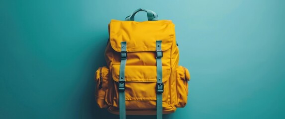 yellow schoolbag with school supplies on a blue background - obrazy, fototapety, plakaty