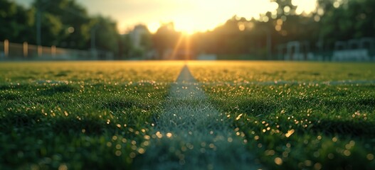 a soccer field in the evening with a line