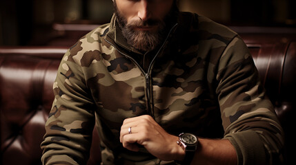 Obraz premium A man with a beard in a camouflage jacket and a watch.