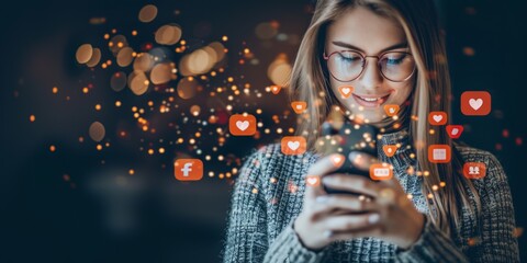 girl uses smartphone with social media icons Generative AI - obrazy, fototapety, plakaty
