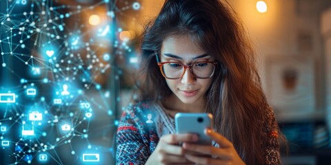 girl uses smartphone with social media icons Generative AI - obrazy, fototapety, plakaty