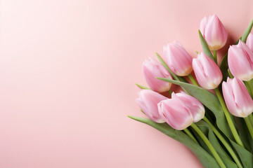 tulips bouquet on pink background with copyspace