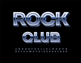 Vector entertainment sign Rock Club. Creative metallic Font. Silver 3D Alphabet Letters and Numbers