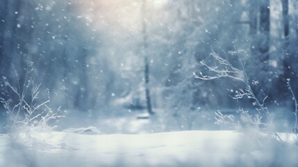 Blurry image of a winter forest small snowdrifts and light snowfall - a beautiful winter-themed background wide format. - obrazy, fototapety, plakaty