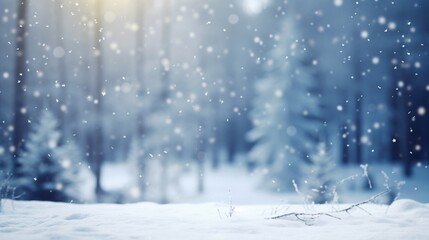 Blurry image of a winter forest small snowdrifts and light snowfall - a beautiful winter-themed background wide format.