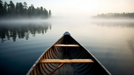 Bow of a canoe in the morning on a misty lake in Ontario Canada - obrazy, fototapety, plakaty